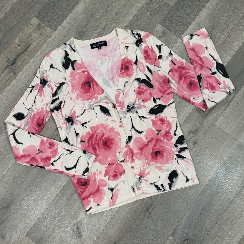 Jones New York Floral Silk Blend V Neck Cardigan Sweater‎ Cream Pink Medium - Picture 12 of 12